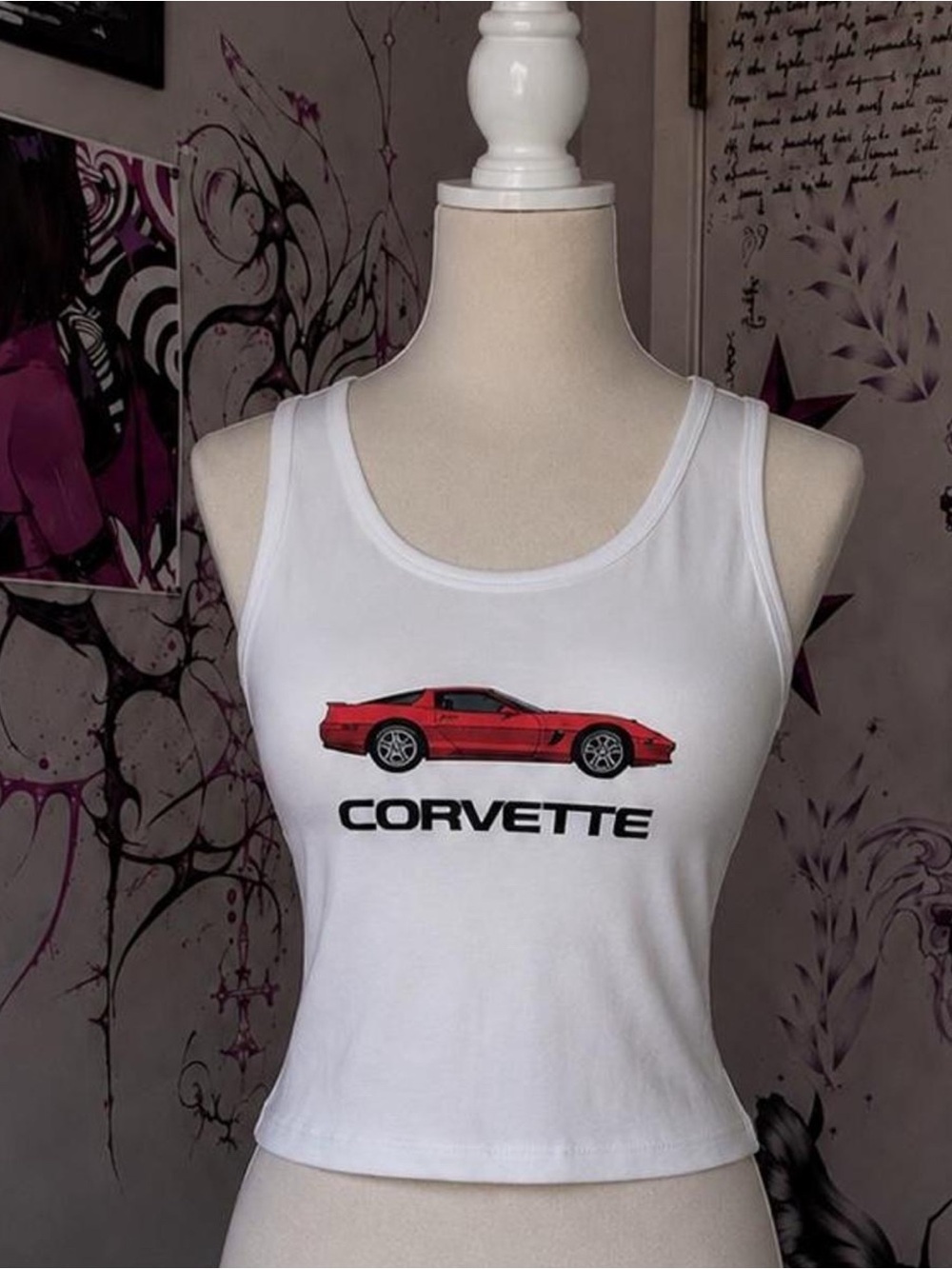 White Corvette Graphic Tank Top with Red Car Print